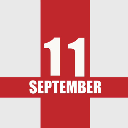 september 11.11th day of month, calendar date.White numbers and text on red intersecting stripes....
