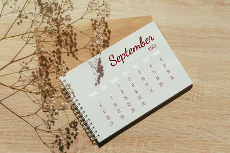 September 2021. Calendar for full month. Notebook for writing on spring next to a sprig of gypsophila flowers. Autumn month. Concept of time planning.の写真素材