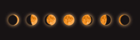 Banner with Moon phases on black isolated background. Illustration of cycle from new moon to full moon. Close-up, copy space.の写真素材