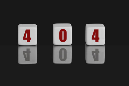 Concept of error 404. Three white cubes on black background with reflection