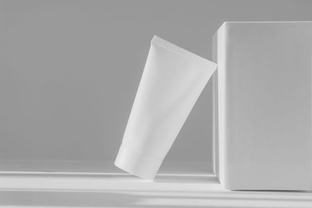 Tube of cream in sunlight on white background. Cosmetic skin care product in plastic packaging....