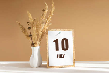 july 10. 10th day of month, calendar date.White vase with dried flowers on desktop in rays of sunlight on white-beige background. Concept of day of year, time planner, summer month.の写真素材