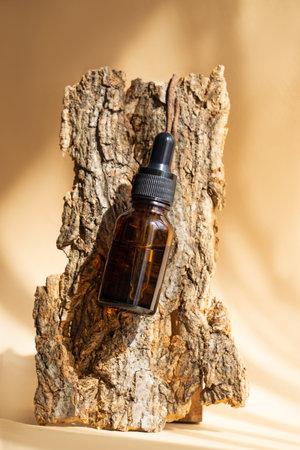 Vertical image of facial serum in an amber glass bottle against background of tree bark in background. Container with dropper lid with cosmetic product. Beige background with rays of sunlight.の写真素材