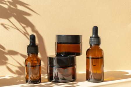 Mockup of amber-colored glass vials with a dropper lid, jars of cosmetic cream in sunlight on brown background with floral shadow. Concept of body and face careの写真素材