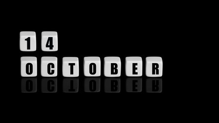 October 14th. Day 14 of month, Calendar date. White cubes with text on black background with reflection. Autumn month, day of year concept.の写真素材