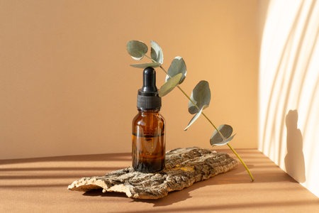Bottle of essential eucalyptus oil in an amber bottle with dropper lid on brown background, in rays of sunlight. Twig with green leaves on stand made of tree bark. Concept of aromatherapy.の写真素材