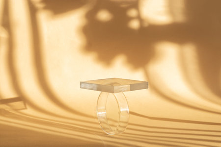 Square transparent stand with reflection and refraction of sunlight on beige background with floral...