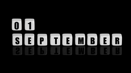 September 1st. Day 1 of month, Calendar date. White cubes with text on black background with reflection. Autumn month, day of year concept.の写真素材