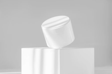 White jar of cream on stand on white background with shadow in form of stripes from rays of sunlight. Mockup concept, corporate identityの写真素材