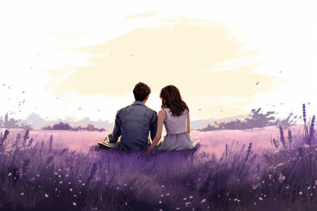 Couple in love sitting on lavender field, with flowers blooming around. Romantic and atmospheric illustrationの素材