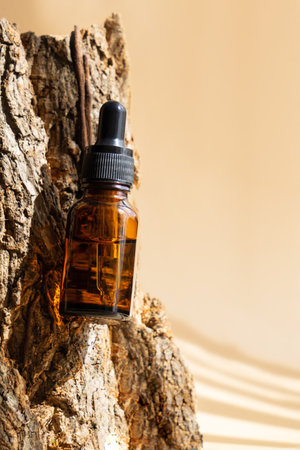 Glass bottles with facial serum in sunlight on wooden background. Packaging with dropper lid for cosmetics, essential oils. Vertical frame.の写真素材