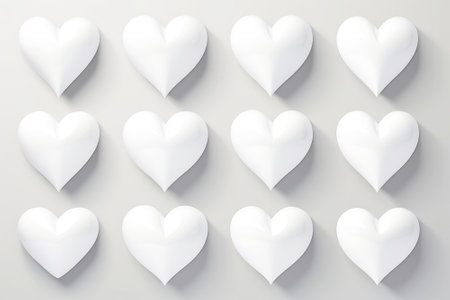 Set of white 3d hearts on an isolated monochrome background. Simplified formsの素材