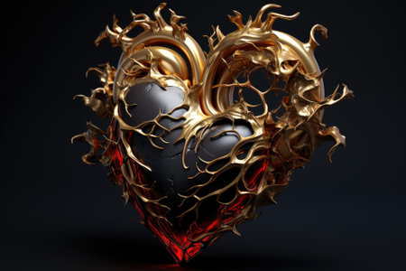 Art 3d model of cardiac organ on black background.Gold anatomical human heart. Symbol of loveの素材