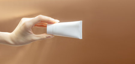 Beautiful female hand holding mock-up of white plastic cream tube. Container for professional cosmetics Sunscreen effect. Concept of skin care. Close-up, brown background.の写真素材