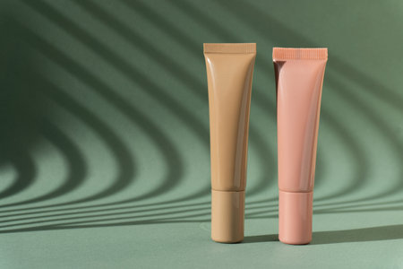Natural foundation cream tubes mockup. Brown and pink lotion containers on green background with Light on wallの写真素材