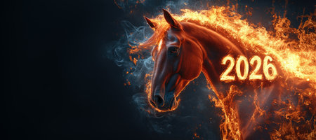 Symbol of coming year 2026. Banner with running fiery horse on black isolated backgroundの素材