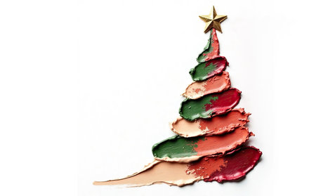 Christmas tree, Christmas tree made of cosmetics. Samples of foundation, lipstick, and eyeshadow in green, red, and beige on isolated white backgroundの素材