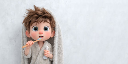 3D cartoon character brushes his teeth. Boy with big eyes holds toothbrush and tube of toothpaste in his hands. Banner, gray monochrome background with copy space. Concept of oral hygieneの素材