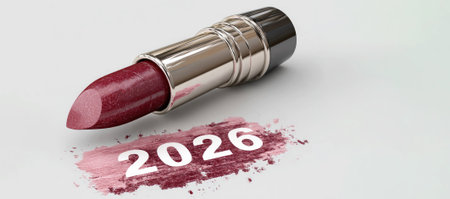 Concept of cosmetics promotion. Text "2026", written in lipstick on white isolated background.の素材