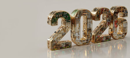 3D inscription "2026" is made in three-dimensional image using gold metallic colors. Concept of a sci-fi atmosphere. Volumetric figures from technological boards, cellsの素材