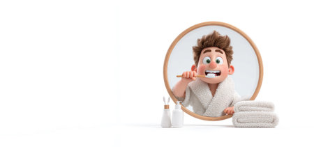 3D cute cartoon character, little boy in white coat brushing his teeth with toothbrush in front of mirror. Stack of white towels and brush stand on white banner.の素材