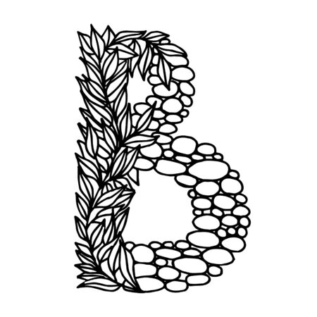 Hand of dawn vector letter B isolated on white background. English alphabet capital letters with a pattern of plants and stones. Beautiful natural illustration. Typographic Template. Eps 8.のイラスト素材