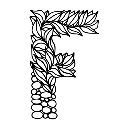 Hand of dawn vector letter F isolated on white background. English alphabet capital letters with a pattern of plants and stones. Beautiful natural illustration. Typographic Template. Eps 8.のイラスト素材