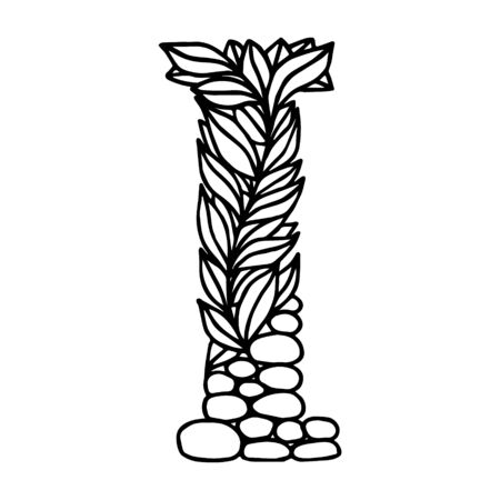 Hand of dawn vector letter I isolated on white background. English alphabet capital letters with a pattern of plants and stones. Beautiful natural illustration. Typographic Template. Eps 8.のイラスト素材