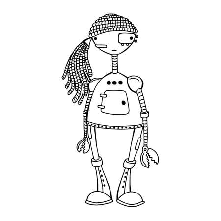 Vector illustration of a girl robot. Cartoon isolated on white background. Black outline. Hand drawing coloring book for children and adults. Design for cards, flyers, brochures. Vector. Eps 8.のイラスト素材
