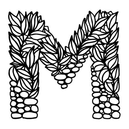 Hand of dawn vector letter M isolated on white background. English alphabet capital letters with a pattern of plants and stones. Beautiful natural illustration. Typographic Template. Eps 8.のイラスト素材