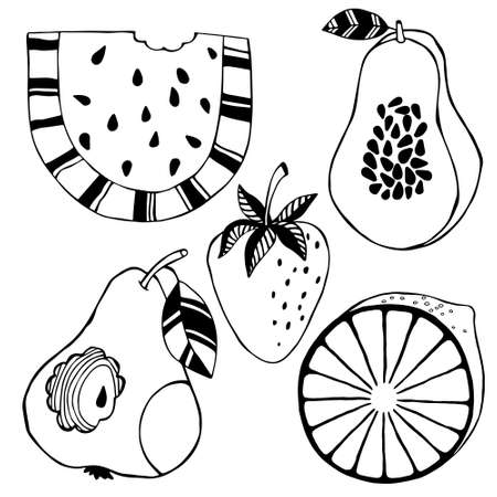 Set black outline illustration of a fruits. Hand drawing vector graphic. Graphic elements for greeting cards, posters, stickers and professional design.のイラスト素材