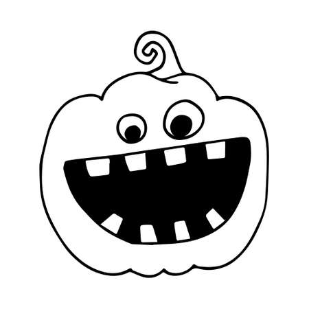 Halloween vector illustration. Hand drawn pumpkin with scary face isolated on white background. Doodle style. Spooky character for banner, poster, invitation or festive decoration, design.のイラスト素材