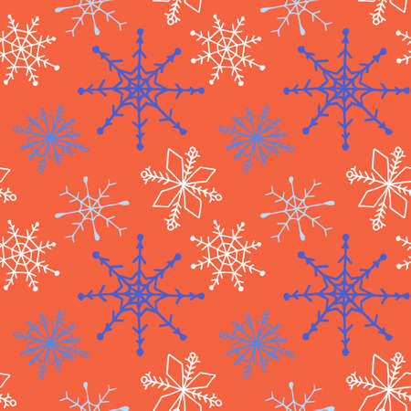Winter doodles hand drawn snowflakes seamless pattern. Cute, simple vector snowflakes for postcard and poster graphic design.のイラスト素材