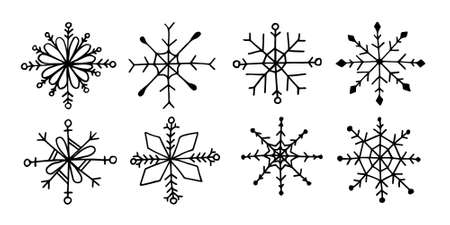 Set Vectorial illustration of snowflakes in doodle style hand set. Snowflake collection for christmas winter design. Eps 8.のイラスト素材