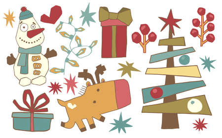 Collection of Christmas hand drawn elements in vector flat style. Snowman, Santa s deer, fir tree, boxes with gifts and stars, branches with red berries and other symbols of Christmas and New Year.のイラスト素材