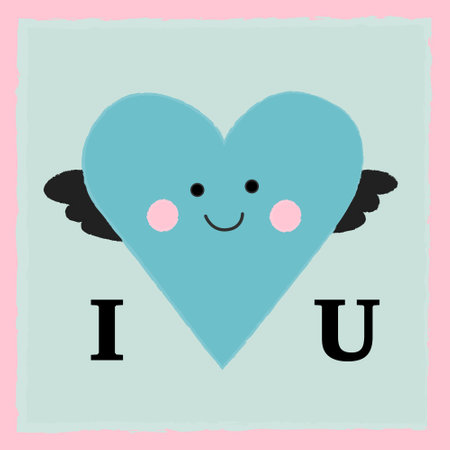 Big blue heart with a smile and wings. Trendy hand drawn vector greeting card, invitation. Valentine s day concept. Minimalist Valentine s Day design for web and print. Cute illustrated love card. Isolateのイラスト素材