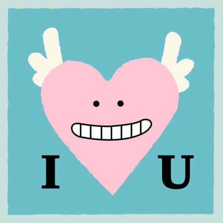 Big pink heart with a smile and wings. Trendy hand drawn vector greeting card, invitation. Valentine s day concept. Minimalist Valentine s Day design for web and print. Cute illustrated love card. Isolateのイラスト素材