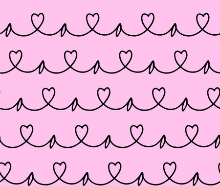 Hand drawn vector seamless pattern. continuous black line with hearts. Template for printing wrapping paper, fabric, poster. Eps 10.のイラスト素材