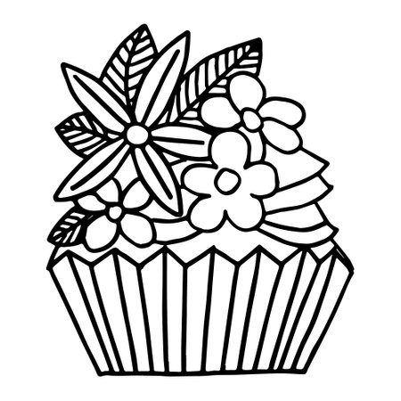 Cartoon cupcake handdrawn vector isolated in doodle design. Maffin, cupcake, deserts black color in white background. Doodle cakes with cream and flowers.のイラスト素材