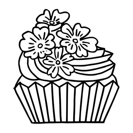 Cartoon cupcake handdrawn vector isolated in doodle design. Maffin, cupcake, deserts black color in white background. Doodle cakes with cream and flowers.のイラスト素材