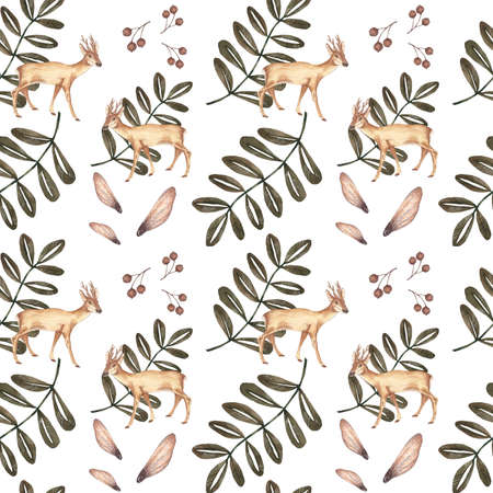 Forest and garden seamless pattern, Botanical illustration of linden seeds, fruits, dill seeds, rowan leaves, roe deer, for pattern packaging, craft paper,の写真素材