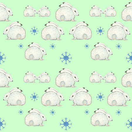 Seamless pattern with cute hares in the snow and snowflakes, pattern, packaging,の写真素材
