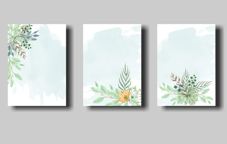 Herbal watercolor invitation design with leaves. floral and watercolor background. Ready to use card botanical watercolor illustration. Template for a wedding. Frameの写真素材