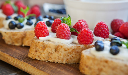 Sandwich with berries. Healthy breakfast.の写真素材