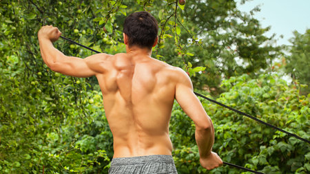 Strong man with perfect abs, shoulders, biceps, triceps trains outdoors.