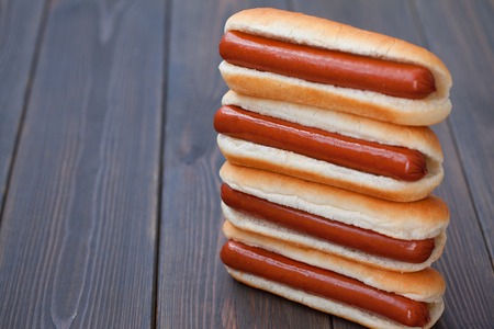 Hot Dog on wooden tableの写真素材