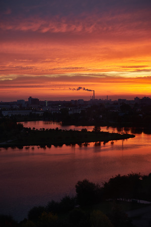 early morning multicolored summer sunrise in Minsk, Belarusの写真素材