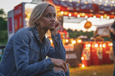 abstract blur image of food stall at day festival for background usage.の写真素材