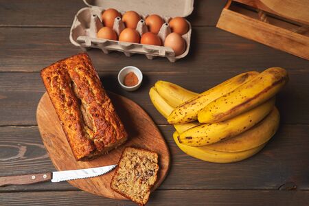Healthy baking of banana bread, vegan dessert. Healthy vegan food conceptの写真素材