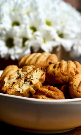 Homemade cookies with nuts, wood background, selective focus